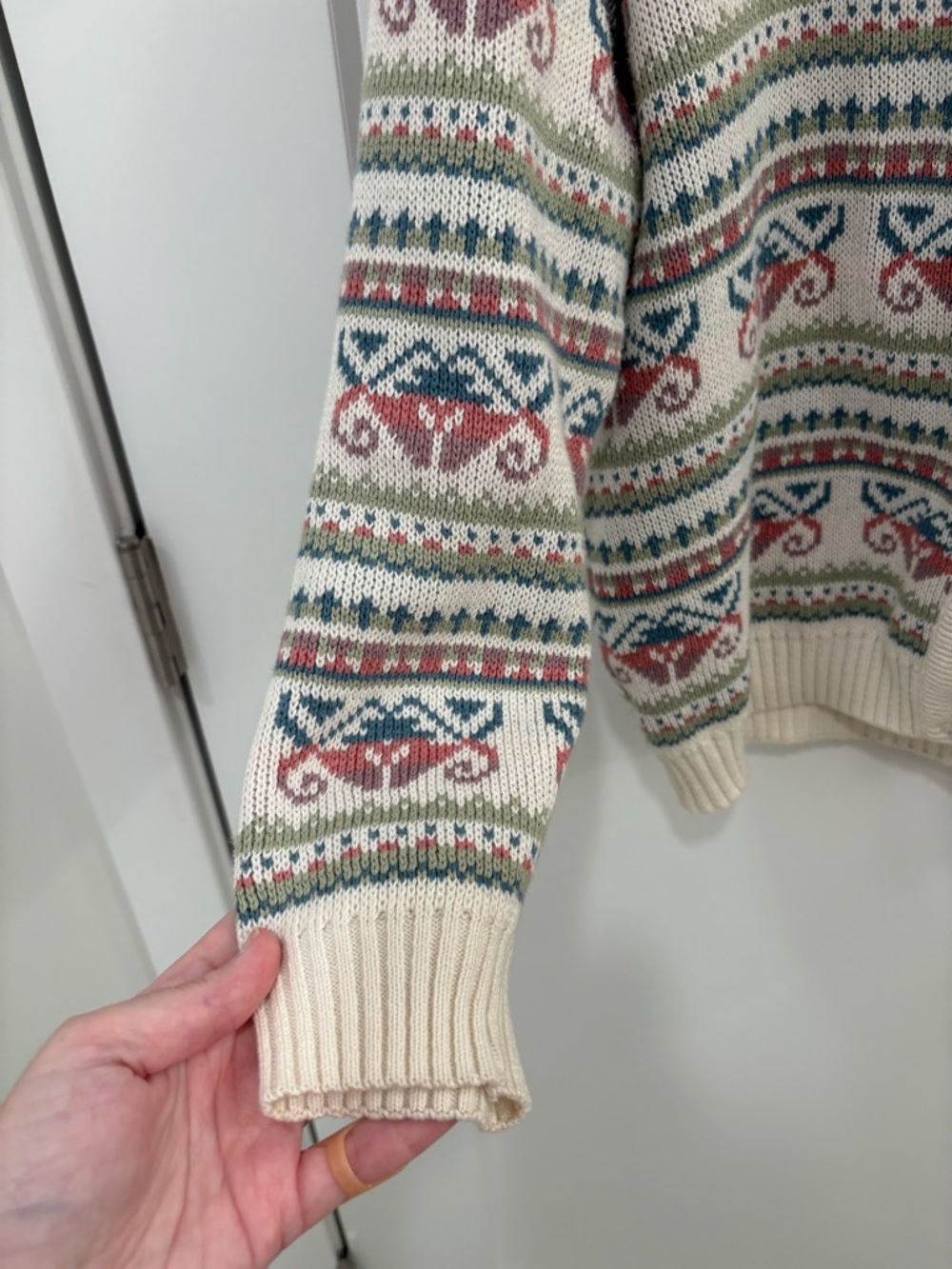 Vintage 90s White Fair Isle 100% Portuguese Cotton Knit Cardigan Size Small - Picture 5 of 9